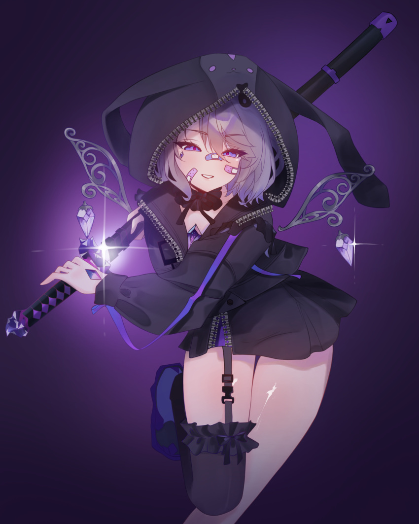1girl, absurdres, animal_hood, bandaid, bandaid_on_cheek, bandaid_on_face, bandaid_on_nose, black_jacket