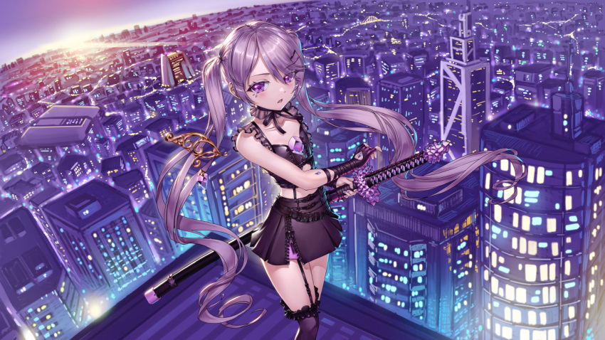 1girl, arm_wrap, black_gloves, black_shirt, black_skirt, black_thighhighs, city, collar