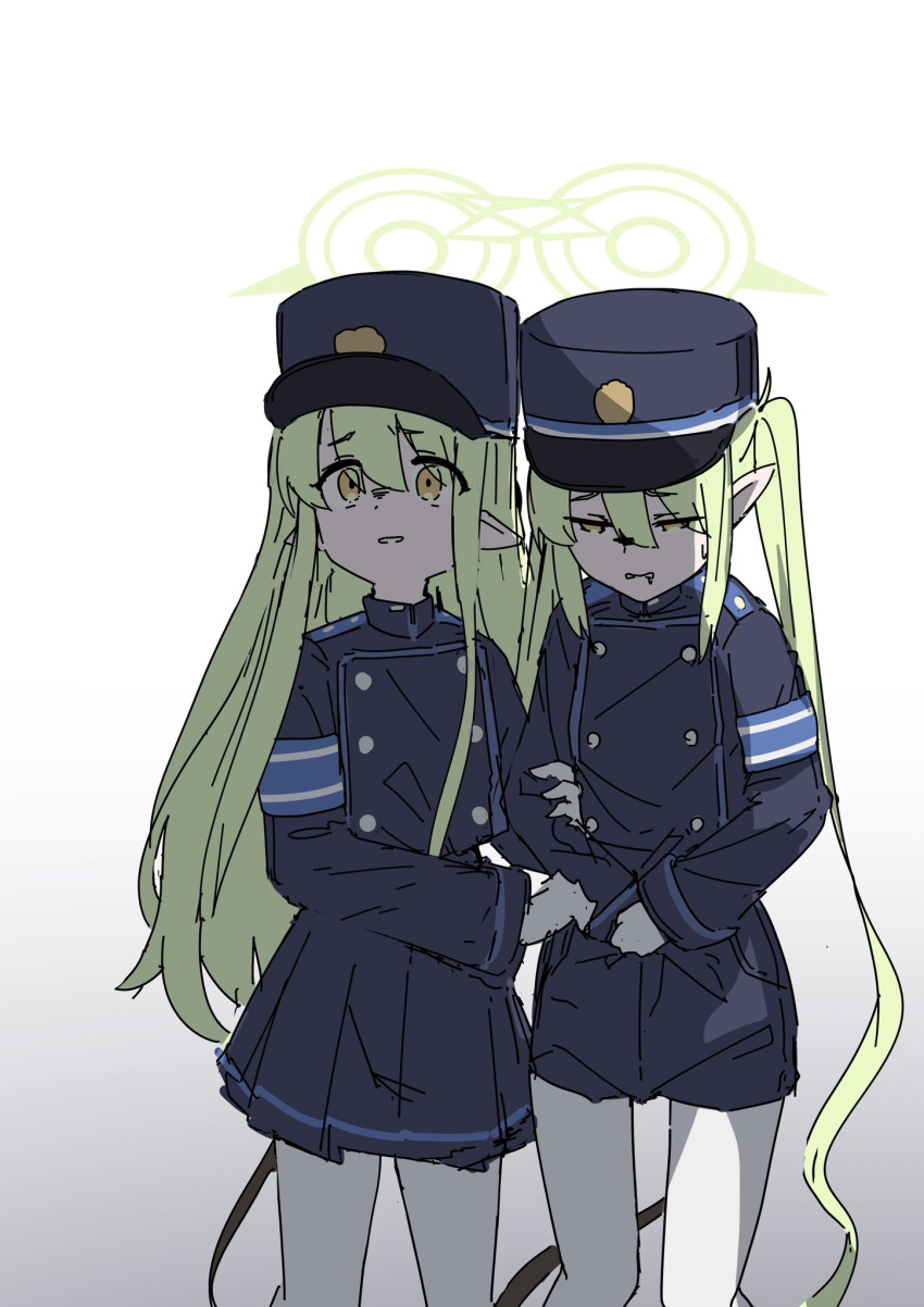 2girls, armband, black_tail, blue_archive, blue_armband, green_hair, green_halo, halo
