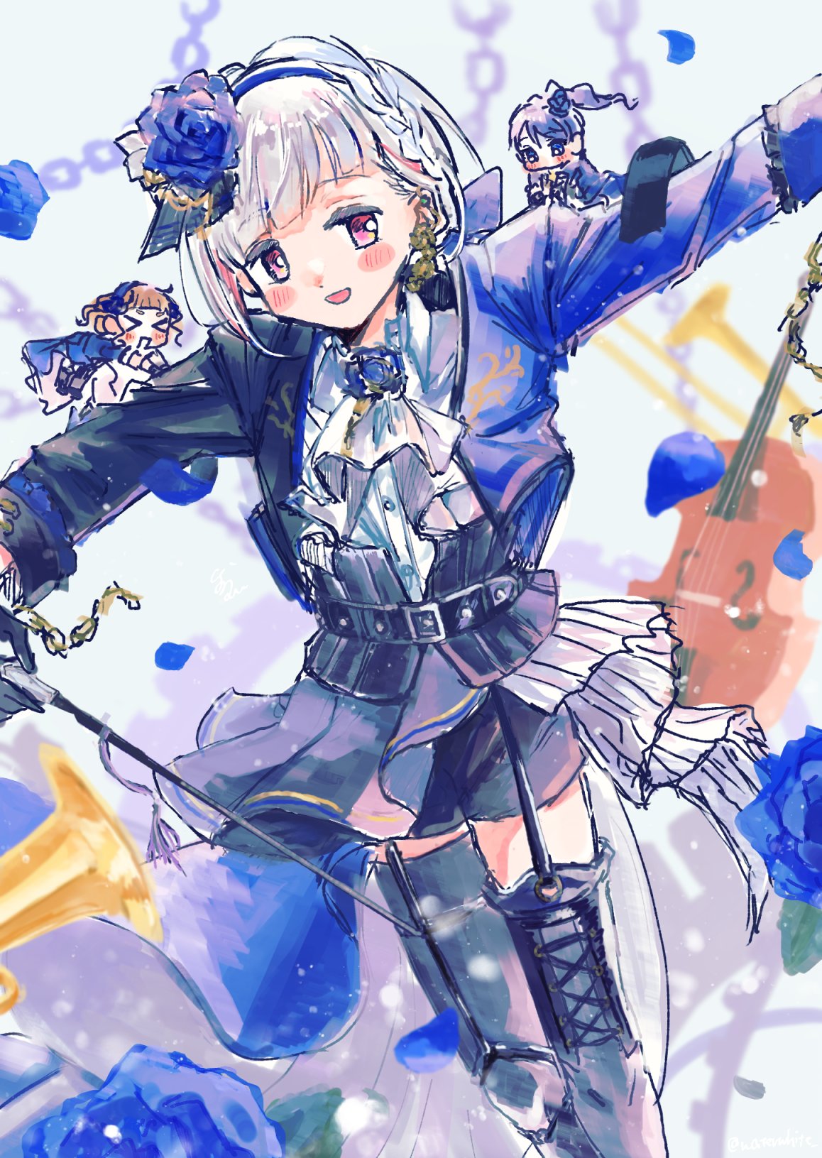 >_<, 3girls, :d, ascot, black_jacket, black_shorts, black_thighhighs, blue_eyes, blue_flower, blue_hair, blue_jacket, blue_rose, blunt_bangs, blush, bob_cut, braid, brown_hair, collared_shirt, colored_inner_hair, commentary_request, compass_(love_live!), cropped_jacket, diagonal_bangs, dollchestra, dress_shirt, feet_out_of_frame, flower, garter_straps, gear_earrings, hair_flower, hair_ornament, highres, inverted_bob, jacket, kachimachi_kosuzu, link!_like!_love_live!, long_hair, love_live!, mini_person, minigirl, multicolored_hair, multiple_girls, murano_sayaka, official_alternate_costume, open_clothes, open_jacket, open_mouth, pink_eyes, ponytail, red_hair, revision, rose, shirt, short_hair, short_shorts, shorts, side_braid, smile, solo_focus, streaked_hair, thigh-highs, virtual_youtuber, white_(waterwhite), white_ascot, white_hair, white_shirt, yugiri_tsuzuri