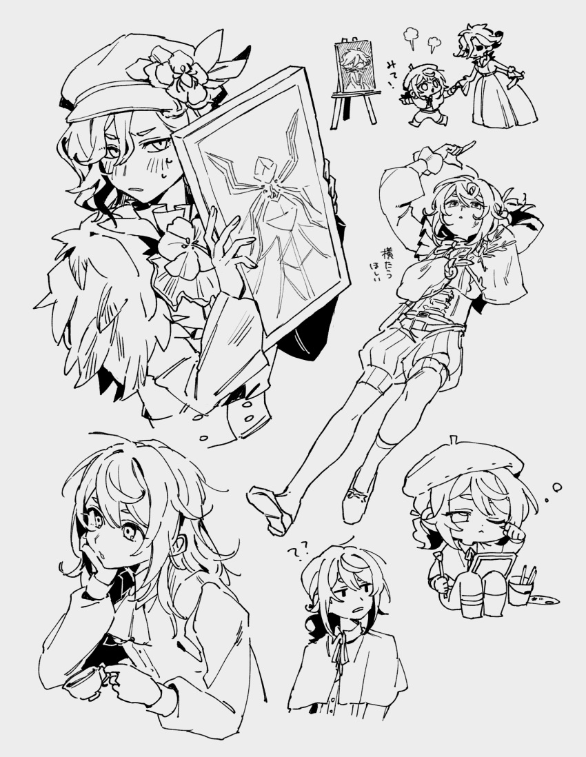 1boy, android, beret, blush, canvas_(object), capelet, cup, easel