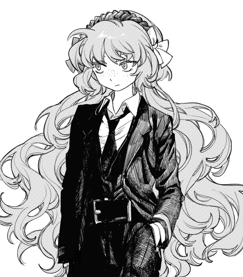 1girl, bow, collared_shirt, cowboy_shot, g1a1c2a1e2e2d2, greyscale, hair_bow, hairband