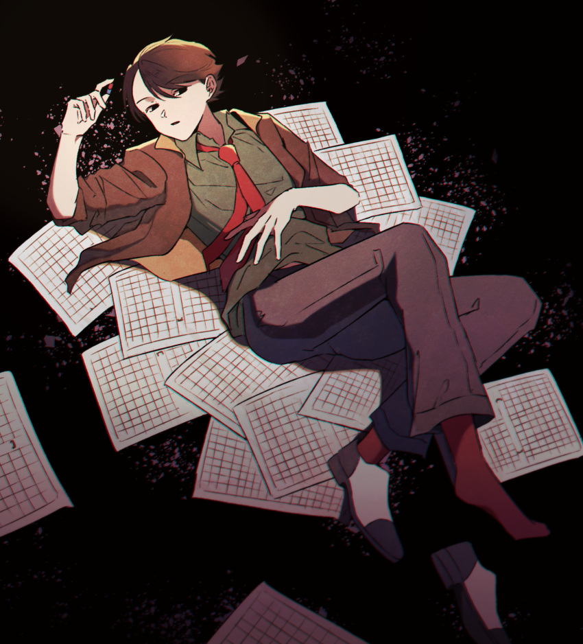 1boy, akira_(manga), arm_across_waist, arm_up, b2046352, black_pants, brown_hair, brown_jacket