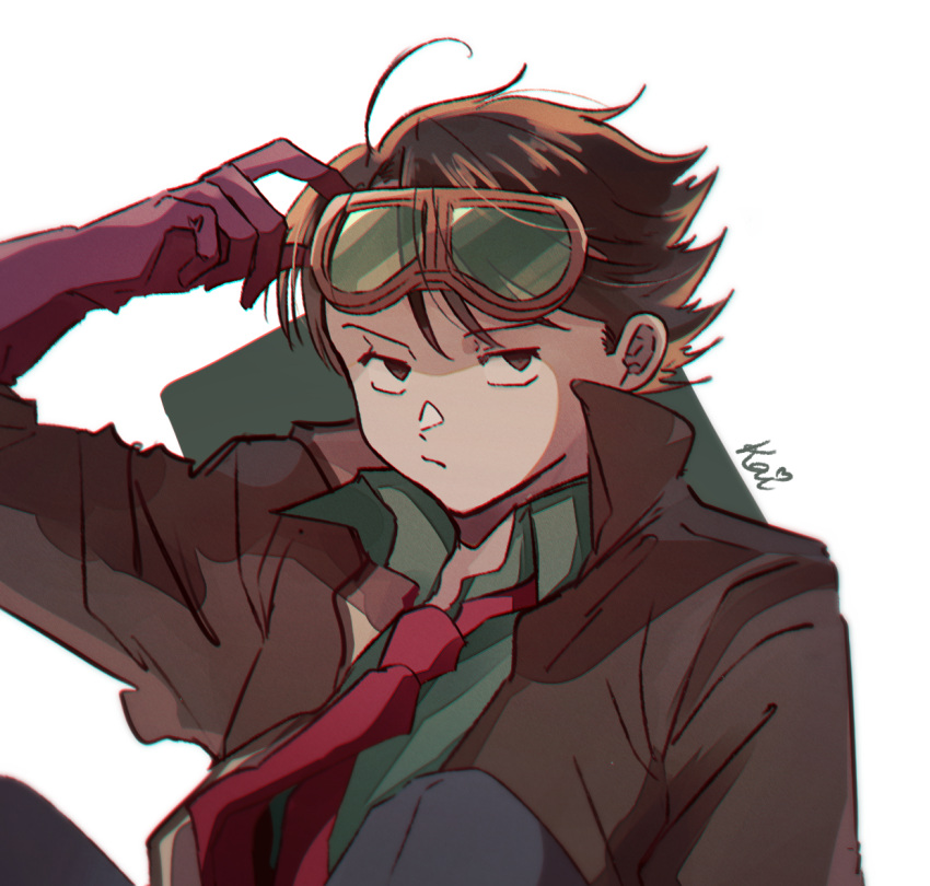 1boy, :/, akira_(manga), arm_up, b2046352, blue_pants, brown_eyes, brown_hair, brown_jacket, character_name, closed_mouth, commentary_request, gloves, goggles, goggles_on_head, green_shirt, hair_between_eyes, jacket, kai_(akira), looking_to_the_side, male_focus, necktie, open_clothes, open_collar, open_jacket, pants, popped_collar, red_necktie, shirt, short_hair, sideways_glance, sitting, solo, white_background, wing_collar