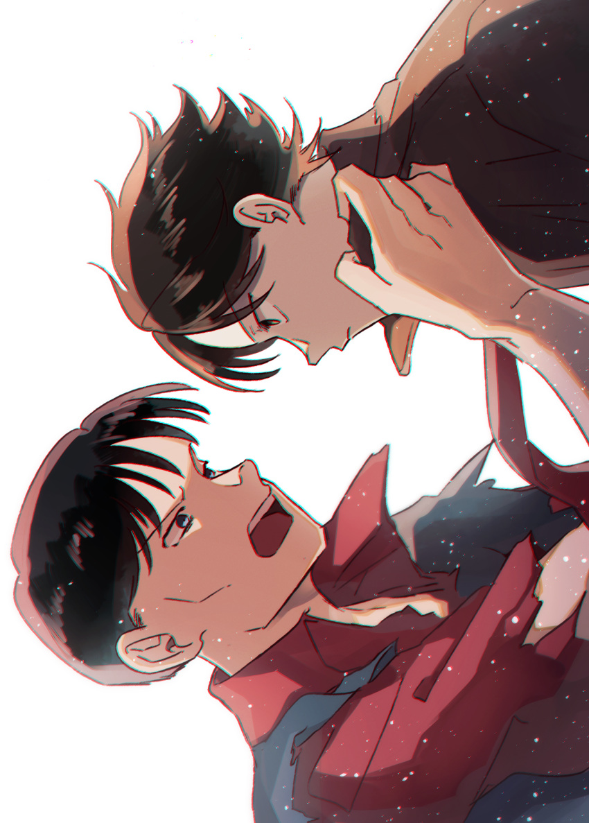 2boys, akira_(manga), arm_up, b2046352, black_hair, blue_vest, brown_eyes, brown_hair, brown_jacket, closed_mouth, clothes_grab, commentary_request, eye_contact, hair_between_eyes, highres, jacket, kai_(akira), looking_at_another, male_focus, multiple_boys, open_collar, open_mouth, popped_collar, red_shirt, shirt, short_hair, sideways, simple_background, teeth, torn_clothes, torn_shirt, upper_body, upper_teeth_only, vest, white_background, yamagata_(akira)