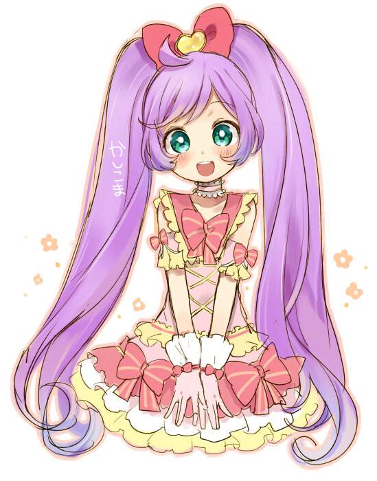 1girl, :d, ahoge, bow, dress, frills, gloves, green_eyes