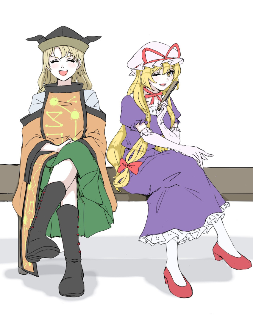 2girls, black_boots, blonde_hair, boots, choker, closed_eyes, crossed_legs, dress