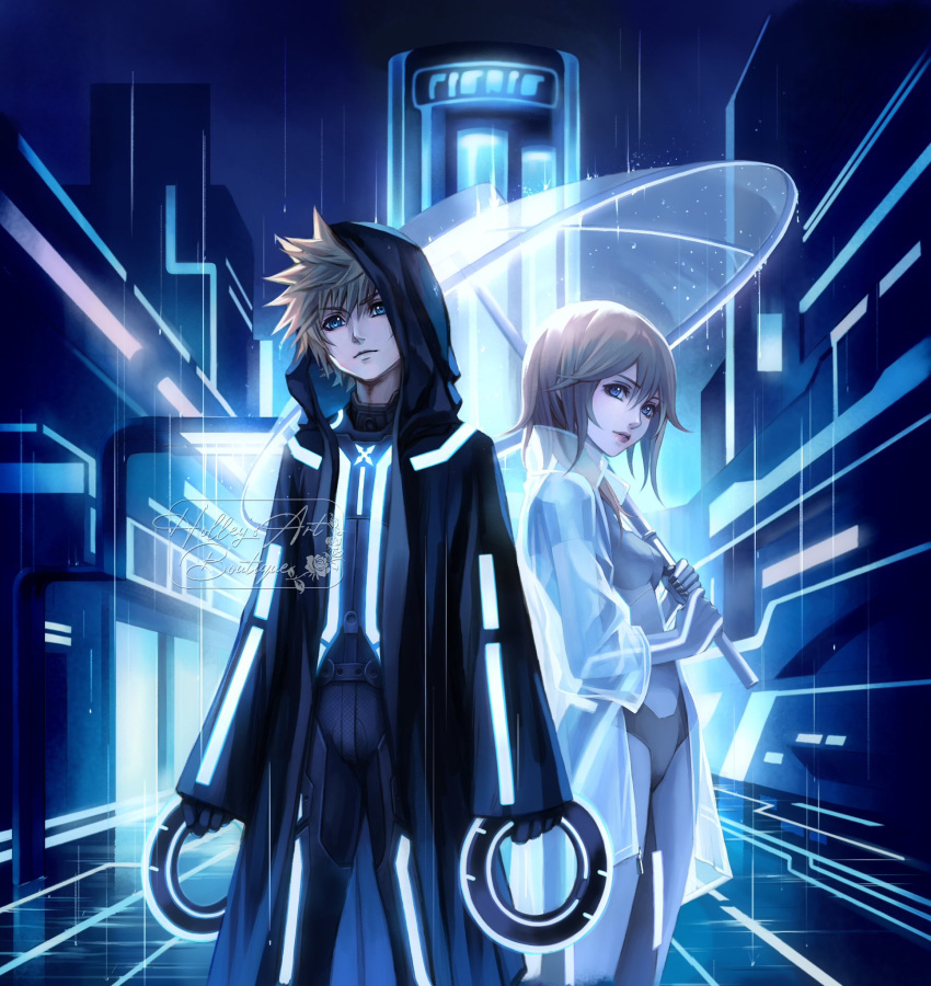 1boy, 1girl, alternate_costume, artist_name, black_bodysuit, black_gloves, blonde_hair, blue_eyes