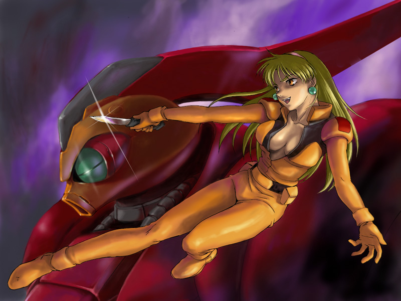 1girl, bodysuit, breasts, center_opening, cleavage, earrings, gottrlatan, gundam, hairband, holster, jewelry, katejina_loos, knife, long_hair, mecha, open_clothes, open_mouth, outstretched_arms, smile, solo, spread_arms, victory_gundam, yellow_eyes