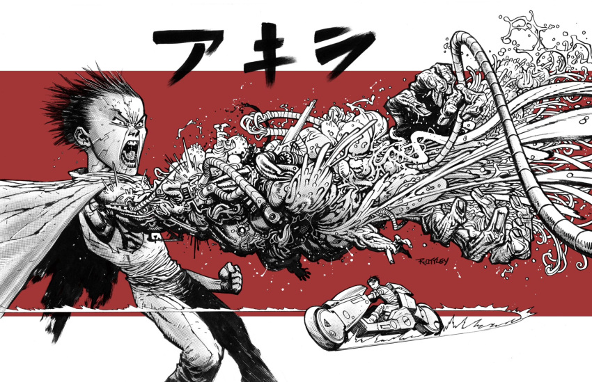 2boys, akira_(manga), cape, commentary, copyright_name, english_commentary, greyscale_with_colored_background, highres