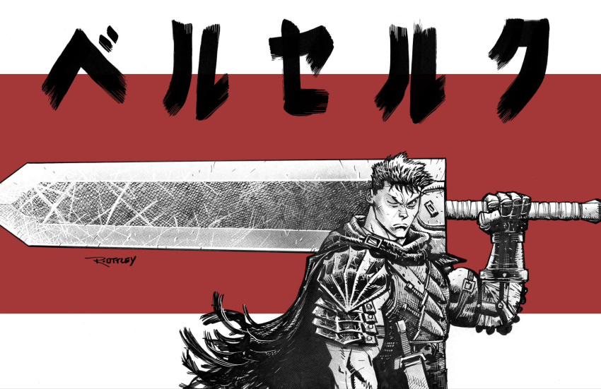 1boy, armor, berserk, cape, commentary, copyright_name, crosshatching, dragonslayer_(sword)