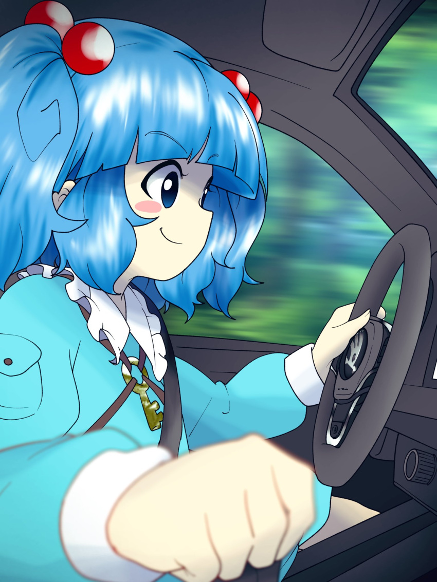 1girl, blue_eyes, blue_hair, blue_shirt, car, car_interior, driving, edwardmidori