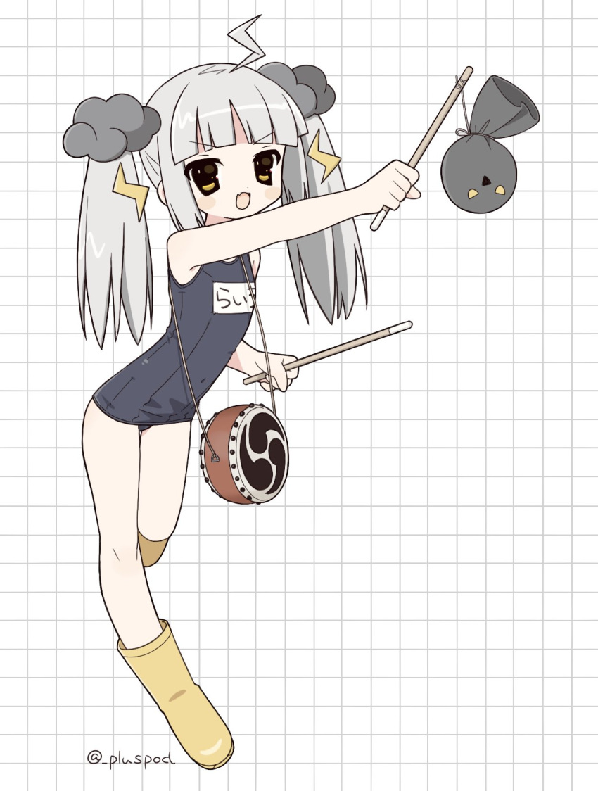 2000s_(style), blunt_bangs, blush, boots, cloud_hair_ornament, commentary, drum, fang