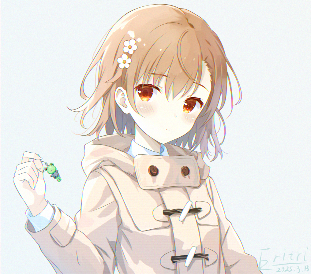 1girl, brown_coat, brown_eyes, brown_hair, charm_(object), coat, commentary_request, dated