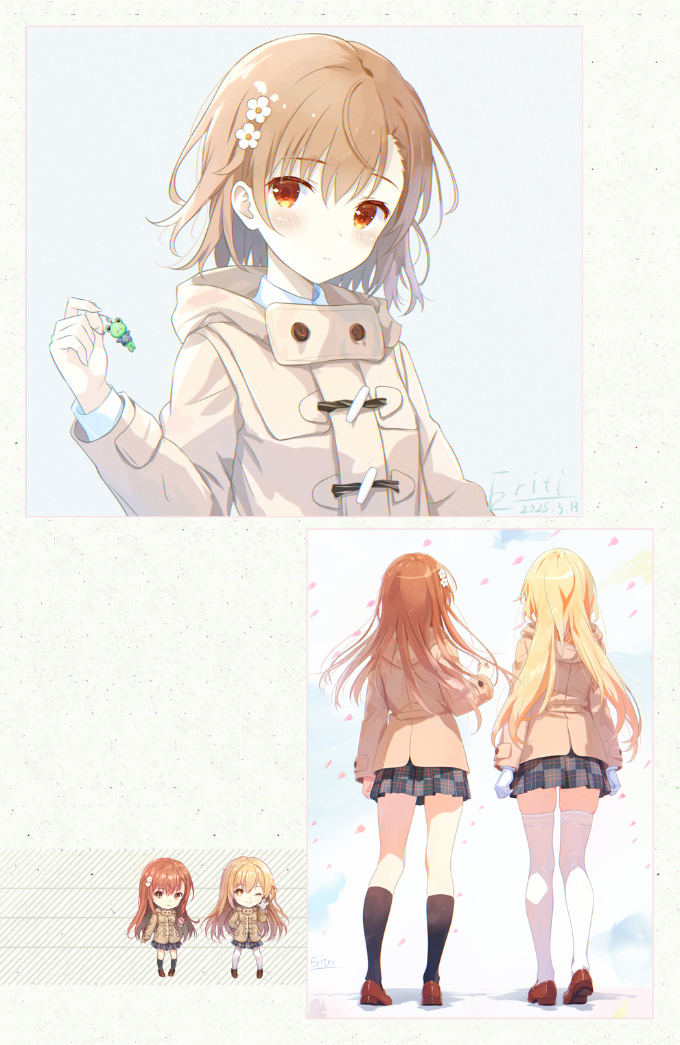 2girls, adapted_costume, alternate_hair_length, alternate_hairstyle, black_socks, blonde_hair, brown_coat, brown_eyes