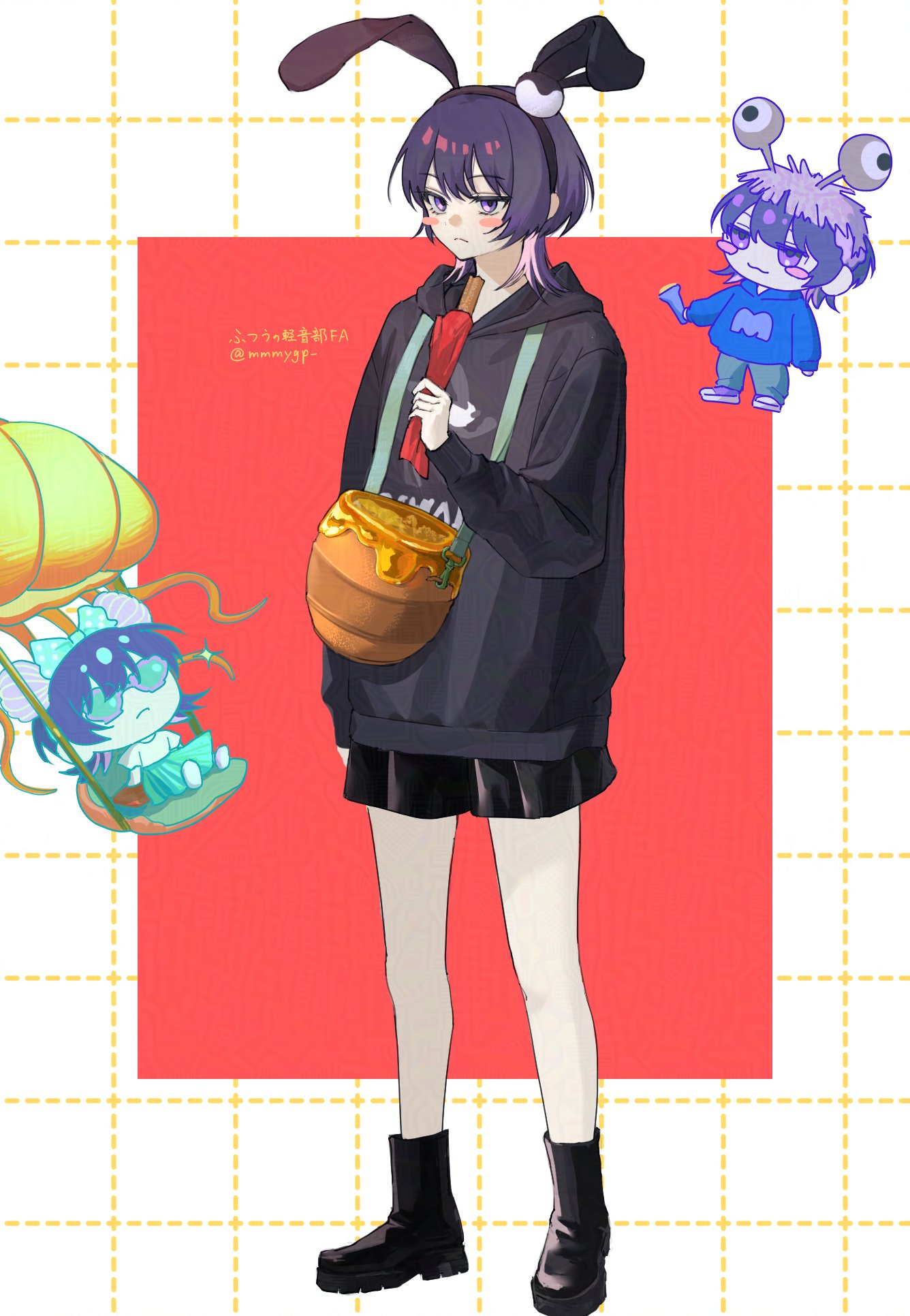 1girl, adversarial_noise, animal_ear_hairband, animal_ears, black_hoodie, black_skirt, blush_stickers, boots