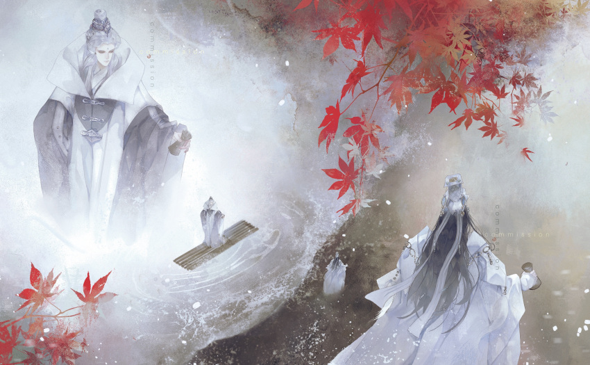 2boys, absurdres, black_hair, bottle, chinese_clothes, closed_mouth, commission, facial_mark, fengdu_yue, from_above, from_behind, full_body, grey_hair, guan_hat, gwen414, hair_pulled_back, hanfu, highres, holding, holding_bottle, jinguang_budaixi, lake, leaf, long_hair, looking_at_another, male_focus, maple_leaf, multiple_boys, parted_bangs, parted_hair, raft, ren_piaomiao, standing, walking, water, white_hanfu, zoom_layer