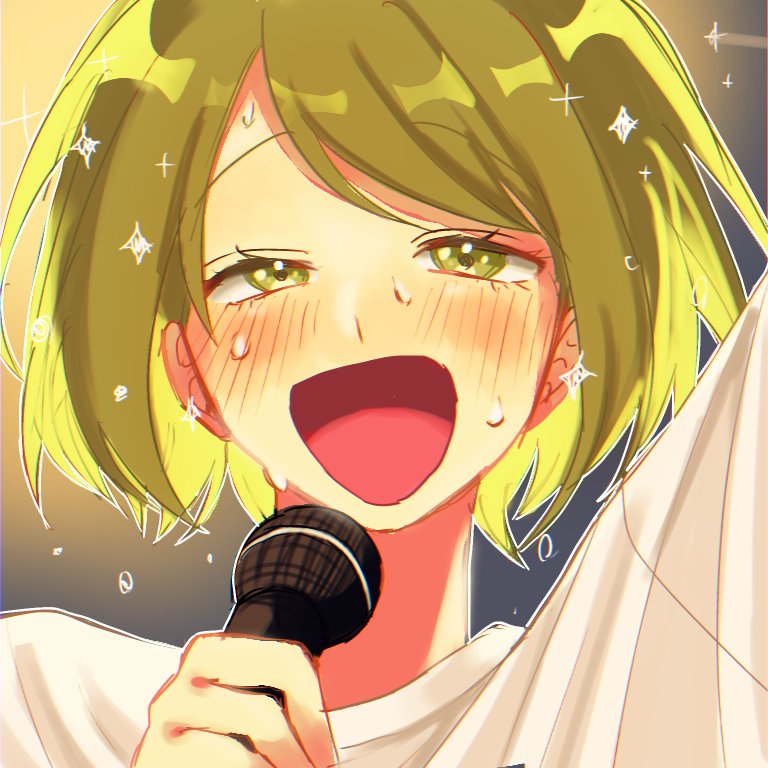 1girl, :d, arm_up, blonde_hair, blush, bob_cut, commentary_request, futsuu_no_keion-bu