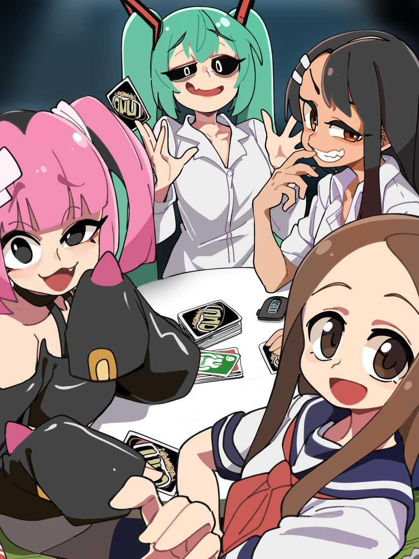 4girls, :d, absurdres, bandaid, bandaid_hair_ornament, black_hair, black_sclera, black_shirt