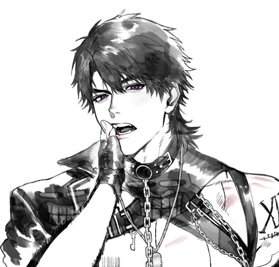 1boy, 1girl, black_collar, blood, blood_on_hands, caleb_(love_and_deepspace), chain, chest_tattoo