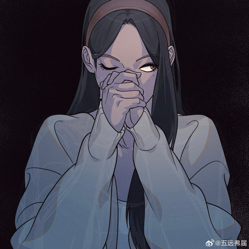 1girl, black_hair, brown_hairband, chinese_commentary, commentary, friendly_rivalry, hairband, highres, long_hair, long_sleeves, mole, mole_under_eye, no5frontiers, one_eye_closed, own_hands_together, praying, solo, watermark, weibo_watermark, yoo_je-i