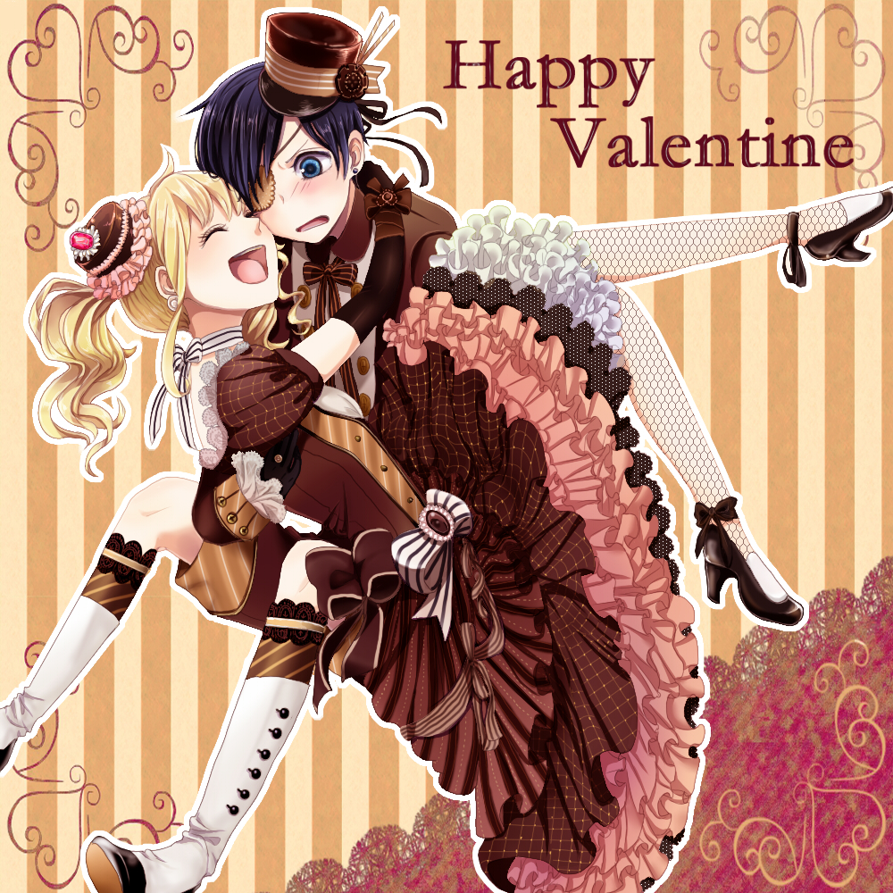 1girl, black_gloves, blonde_hair, blue_hair, blush, boots, bow, ciel_phantomhive, closed_eyes, couple, dress, earrings, elbow_gloves, elizabeth_ethel_cordelia_midford, eyepatch, eyes_closed, fishnet_pantyhose, fishnets, formal, frills, gloves, happy, happy_valentine, hat, high_heels, hug, jewelry, kurobuta_(pachiko), kuroshitsuji, long_hair, mini_top_hat, open_mouth, pantyhose, ribbon, shoes, short_hair, short_twintails, shorts, sitting, smile, top_hat, twintails, valentine, wavy_hair