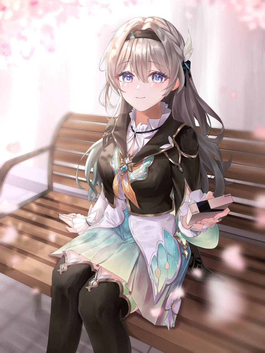 aqua_dress, bench, box, cropped_jacket, dress, firefly_(honkai:_star_rail), gift, hair_ornament, hair_ribbon, hairband, highres, holding, holding_gift, honkai:_star_rail, honkai_(series), long_hair, makaer1117, neckerchief, on_bench, orange_neckerchief, ribbon, thigh-highs, wooden_bench