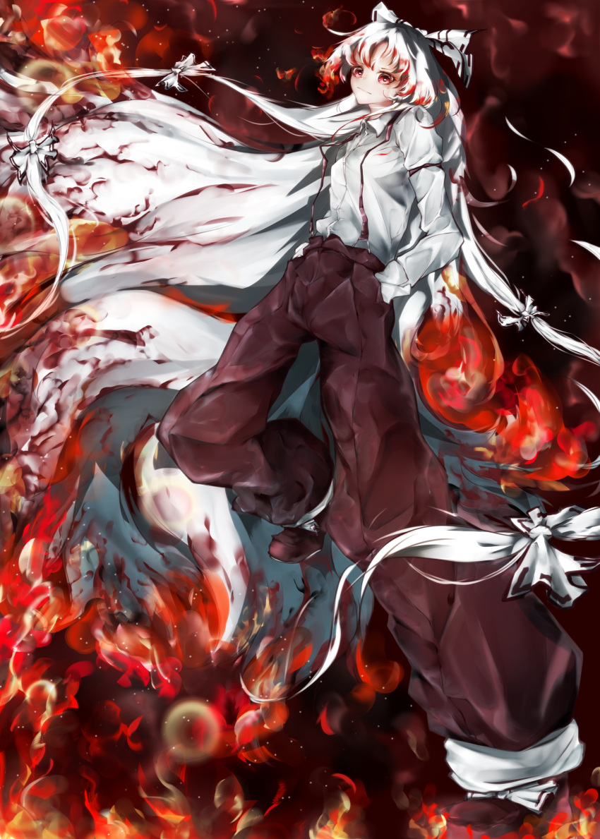1girl, absurdres, bow, breasts, closed_mouth, collared_shirt, fujiwara_no_mokou, full_body, hair_bow, hands_in_pockets, highres, long_hair, mizuhichi, pants, red_background, red_eyes, red_pants, red_shoes, shirt, shoes, small_breasts, solo, suspenders, touhou, very_long_hair, white_bow, white_hair, white_shirt