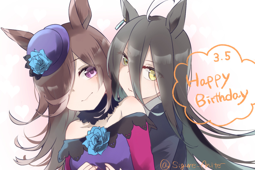 2girls, ahoge, animal_ears, bare_shoulders, birthday, birthday_connection, black_hair, black_jacket