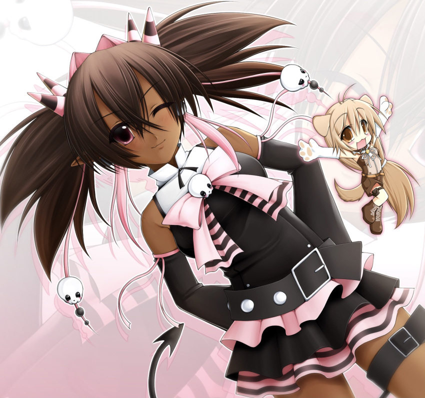 2000s_(style), 2girls, animal_ears, animal_hands, belt, blonde_hair, brown_hair, chibi