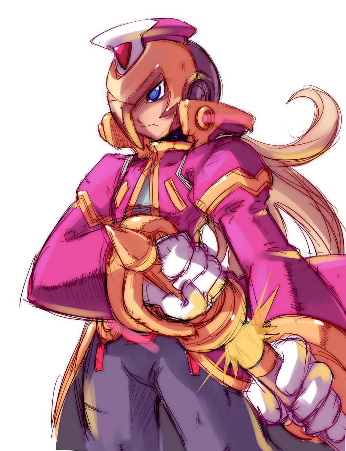 1boy, android, blonde_hair, blue_eyes, elpizo_(mega_man), energy_sword, gloves, hat