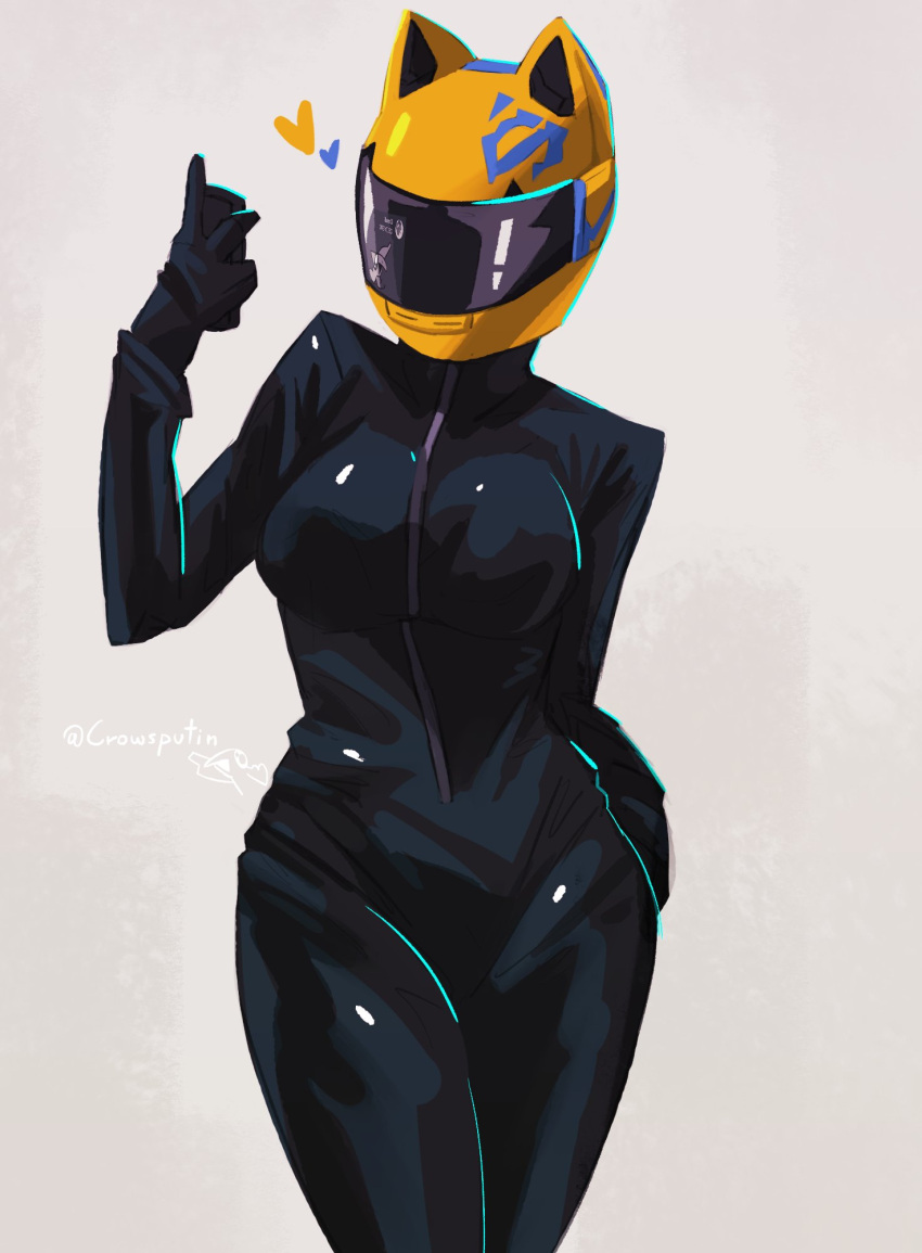 1girl, arm_behind_back, artist_name, black_bodysuit, black_gloves, blue_trim, bodysuit, breasts