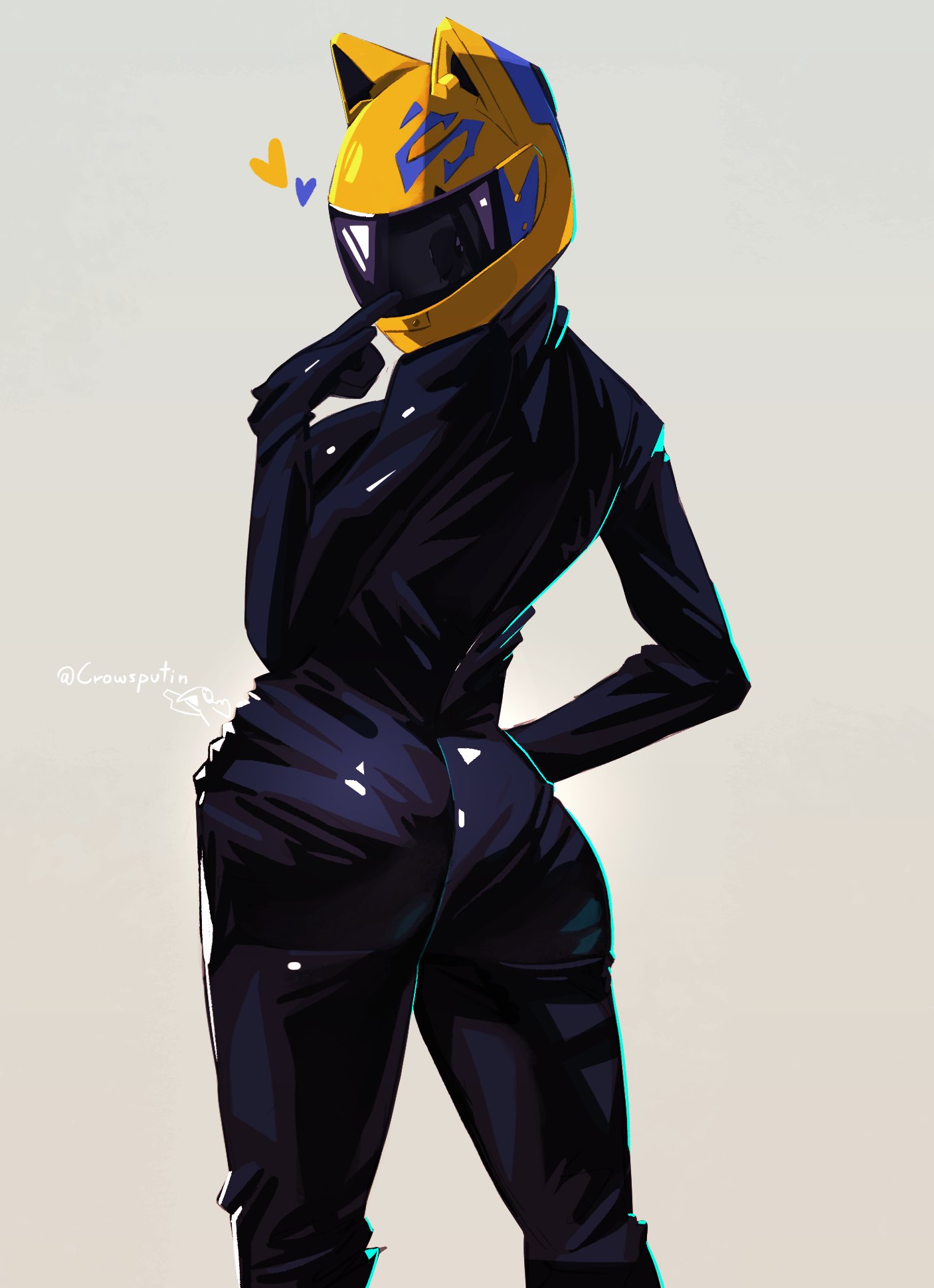 1girl, artist_name, ass, black_bodysuit, black_gloves, blue_trim, bodysuit, breasts, cat_ear_helmet, catsuit, celty_sturluson, commentary, cowboy_shot, crowsputin, durarara!!, english_commentary, finger_to_mouth, from_behind, gloves, grey_background, hand_on_own_hip, hand_up, heart, helmet, highres, index_finger_raised, medium_breasts, motorcycle_helmet, shiny_clothes, signature, simple_background, solo, standing, twitter_username, yellow_helmet