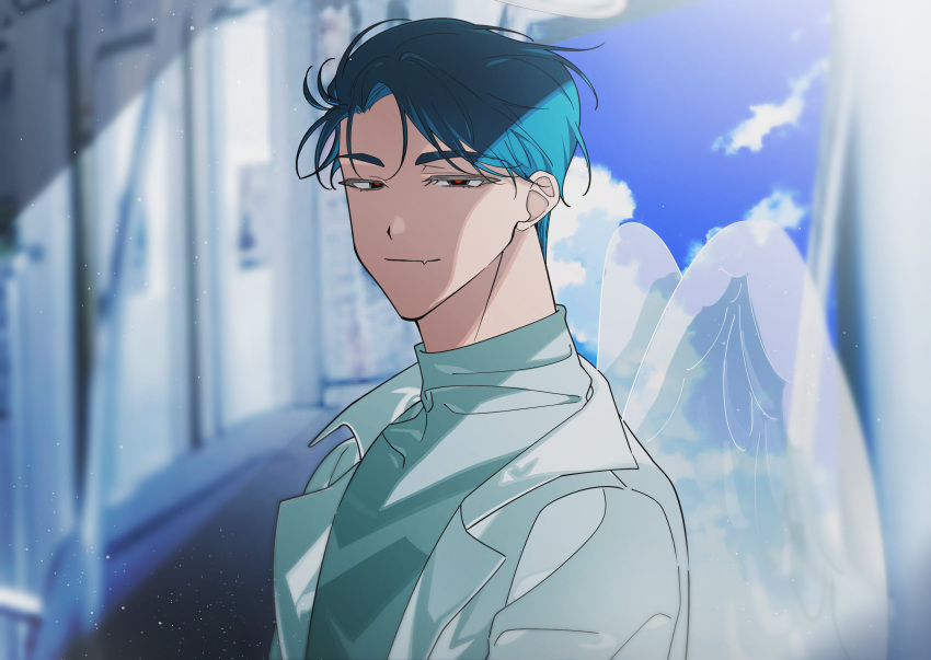 1boy, absurdres, alien_stage, angel_wings, black_eyes, black_hair, blue_sky, closed_mouth