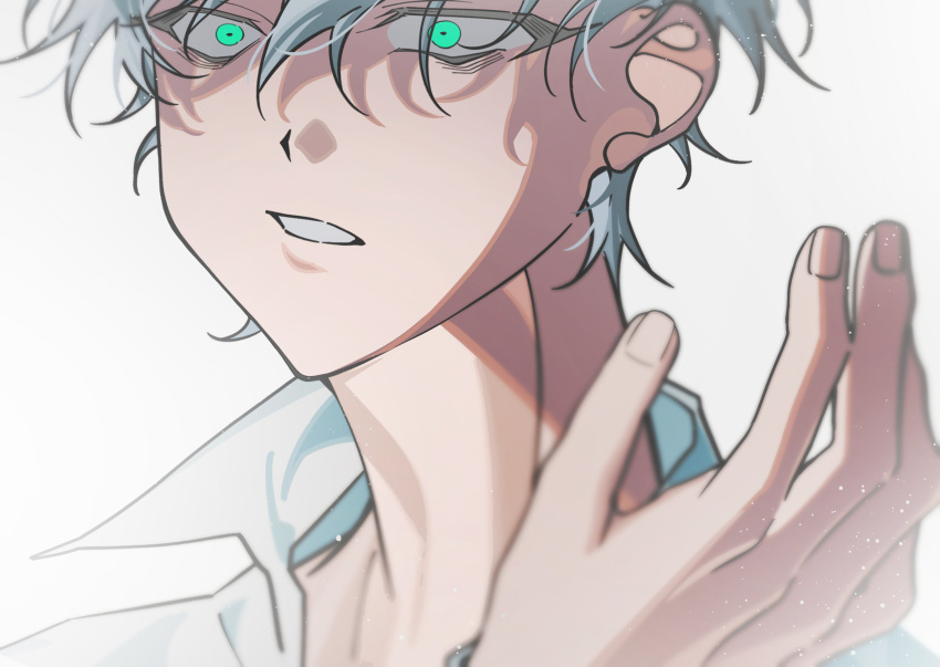 2boys, absurdres, alien_stage, aqua_eyes, collared_shirt, commentary, e_mo_ka, grey_hair
