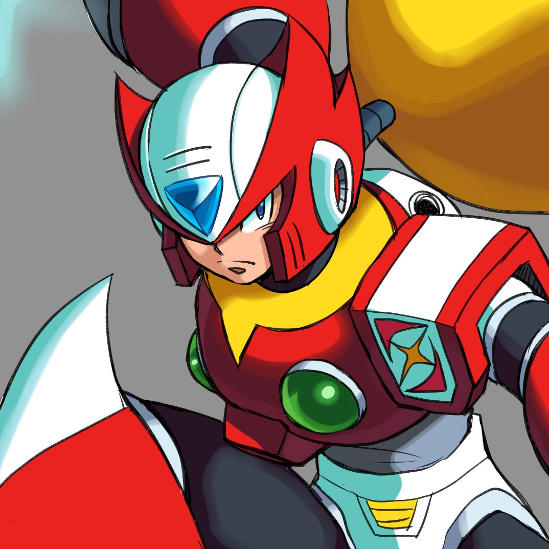 1boy, android, armor, blonde_hair, blue_eyes, chest_jewel, close-up, energy_sword, forehead_jewel, helmet, holding, holding_sword, holding_weapon, kamiyama_teten, long_hair, looking_at_viewer, male_focus, mega_man_(series), mega_man_x_(series), ponytail, red_armor, red_helmet, sensei_haruki_suetsugu_(style), signature, simple_background, solo, standing, standing_on_one_leg, sword, weapon, z_saber, zero_(mega_man)
