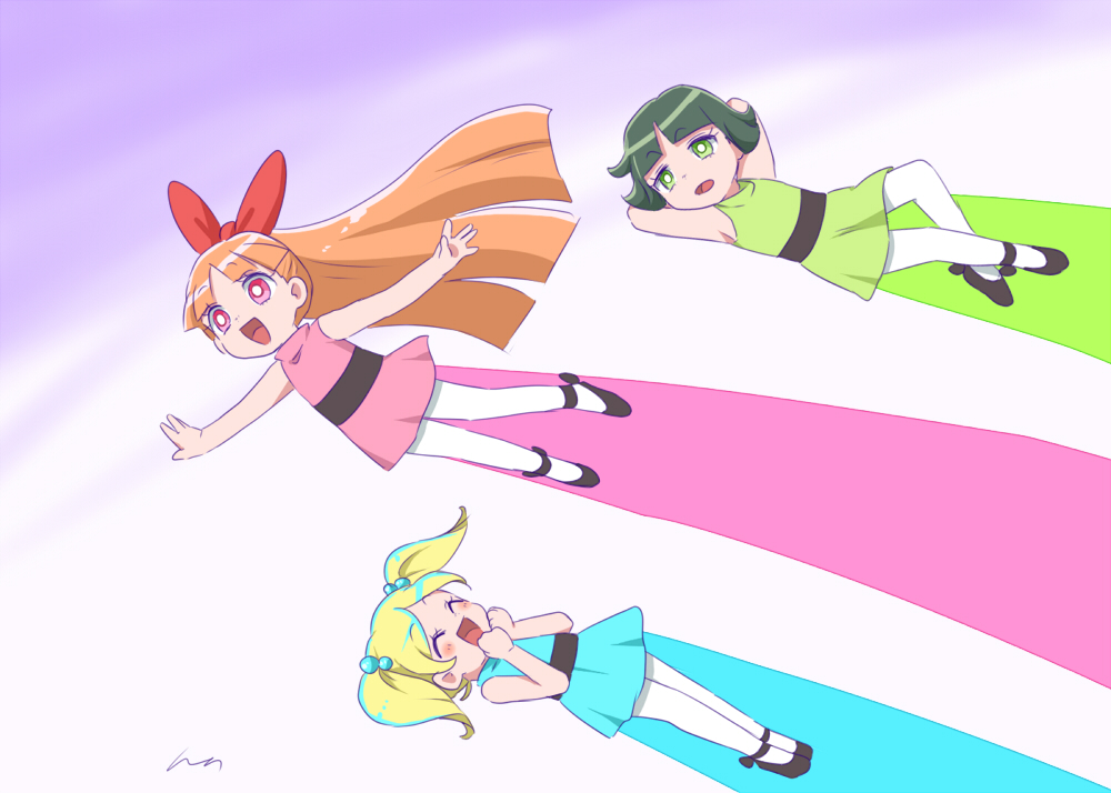 3girls, black_hair, black_shoes, blonde_hair, blossom_(ppg), blue_dress, blue_eyes, blunt_bangs, bow, bubbles_(ppg), buttercup_(ppg), child, commentary, dress, dress_shoes, energy_tail, flying, green_dress, green_eyes, hair_bow, long_hair, multiple_girls, nuntaso, orange_hair, pantyhose, pink_dress, pink_eyes, powerpuff_girls, shoes, short_hair, siblings, sisters, sky, striped_clothes, striped_dress, twintails, white_pantyhose