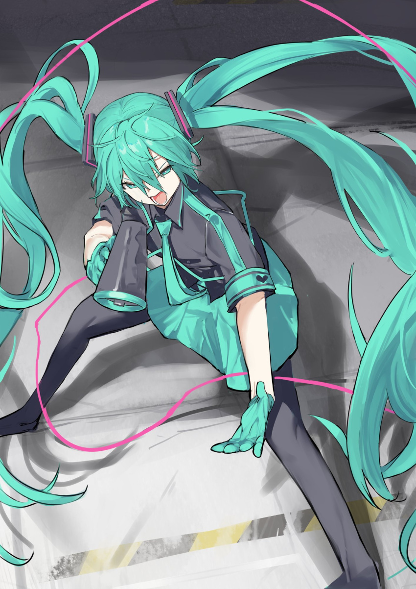 1girl, aqua_eyes, aqua_gloves, aqua_hair, aqua_necktie, aqua_skirt, aqua_trim, audio_cable