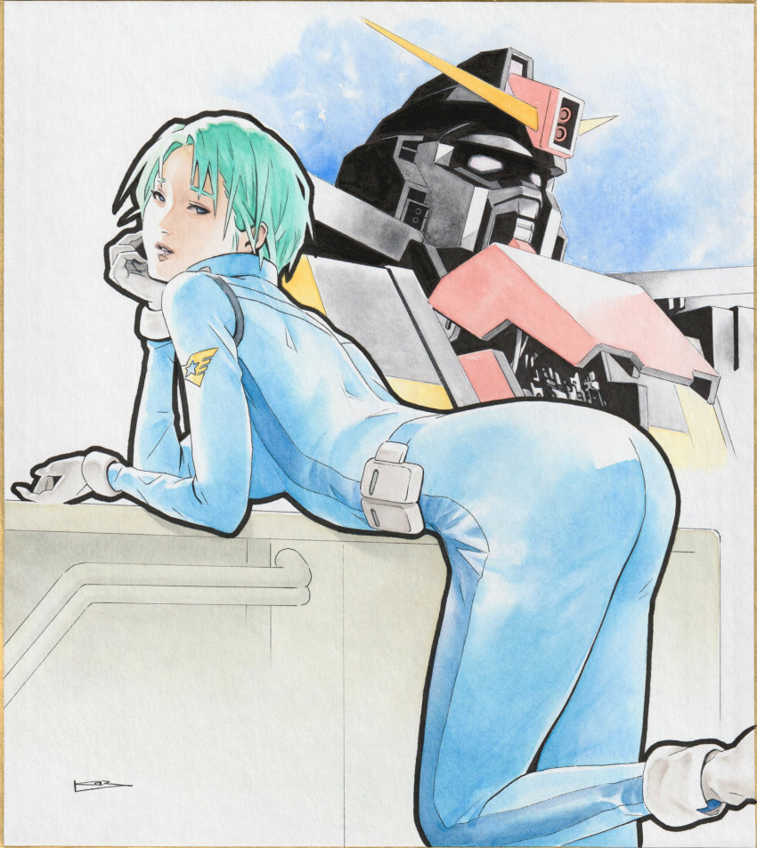 1girl, aqua_hair, ass, beam_cannon, belt, blue_eyes, boots, commentary_request