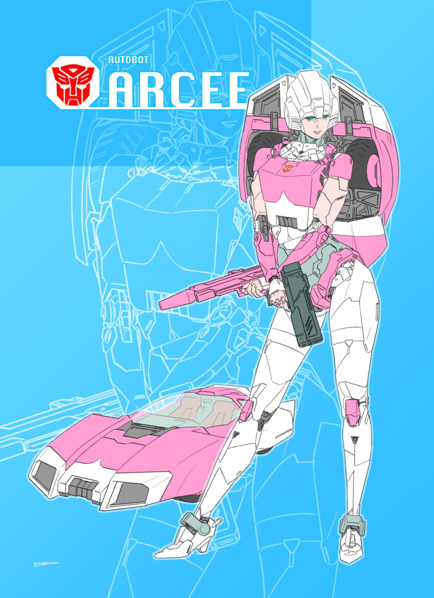 1girl, alternate_form, arcee, autobot, car, commentary_request, dual_wielding, emblem