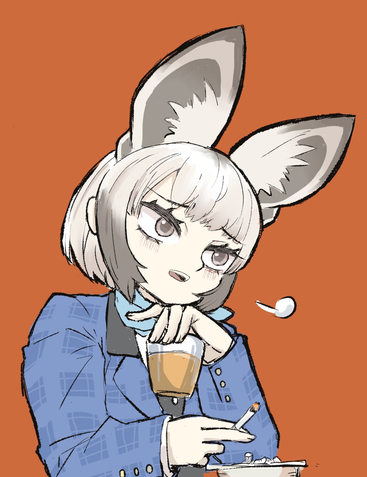 1girl, alternate_costume, animal_ears, bat-eared_fox_(kemono_friends), blue_jacket, blue_scarf, brown_eyes, brown_hair