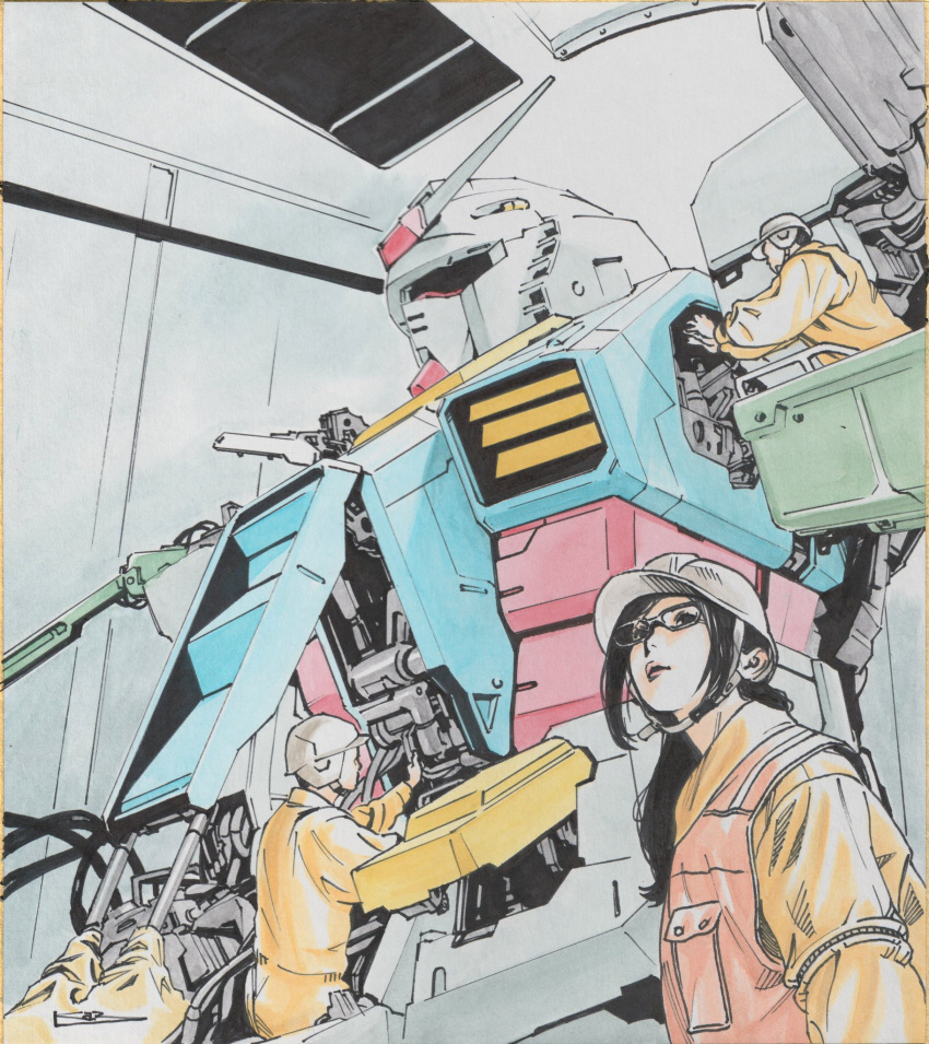 1girl, 2boys, asian, black_hair, commentary_request, glasses, gundam, hangar