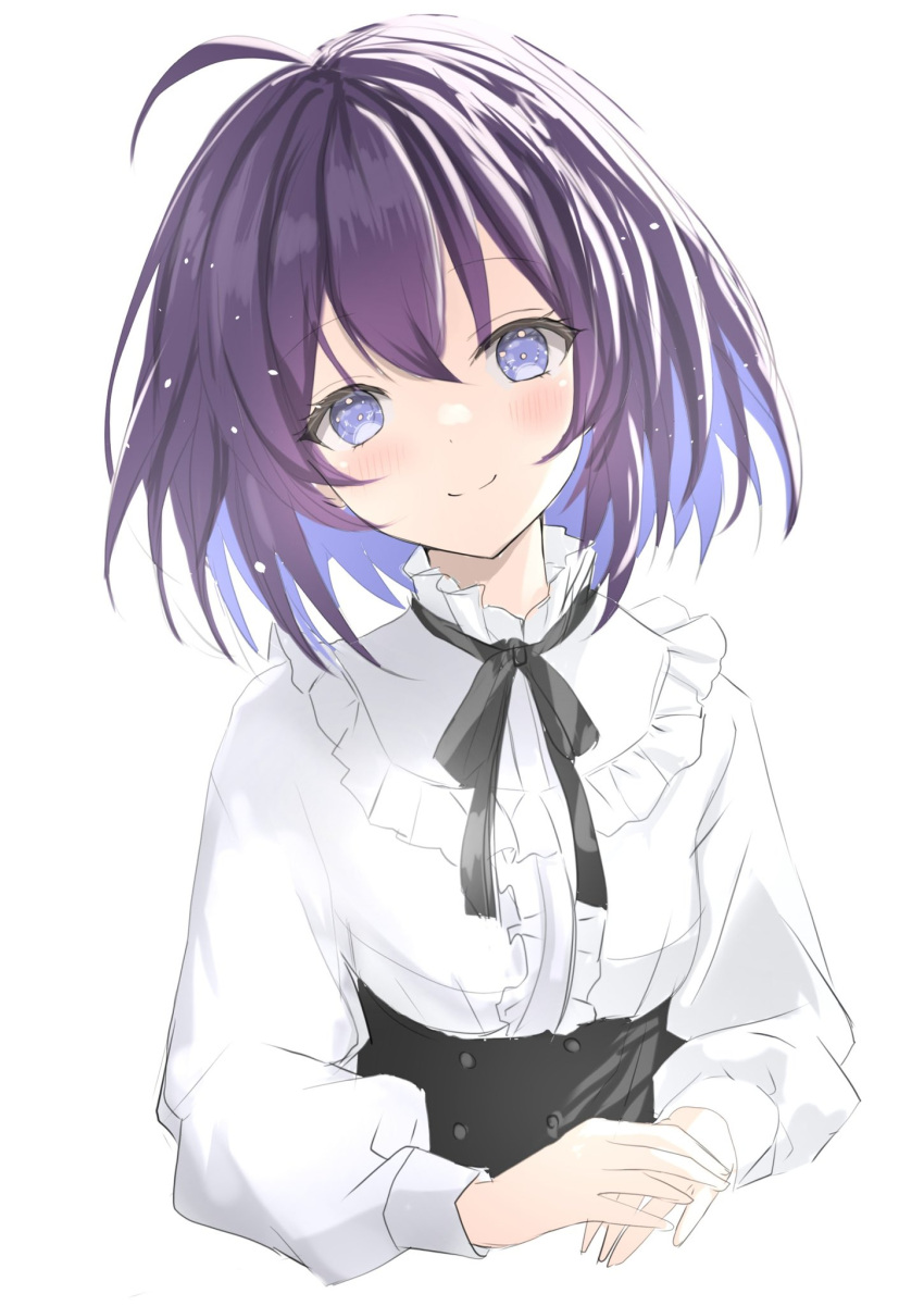 1girl, black_ribbon, blue_eyes, blue_hair, blush, collared_shirt, commentary, cropped_torso