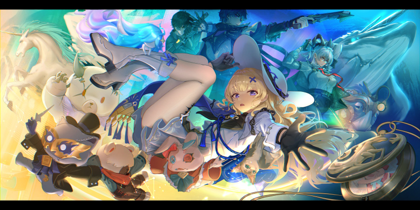 2boys, 2girls, absurdres, barrier_mao, black_collar, black_gloves, black_hair, black_horns