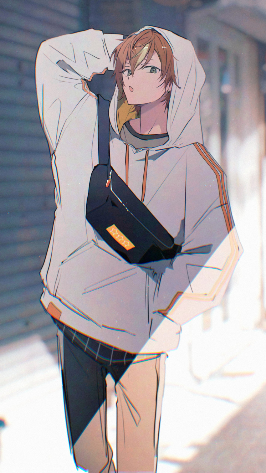 1boy, :o, absurdres, arm_behind_head, black_bag, black_pants, blonde_streaks, blurry