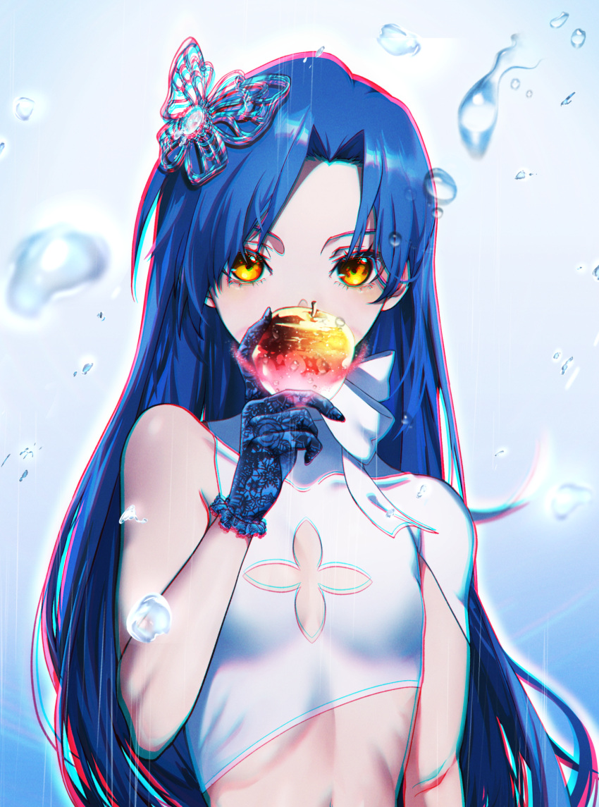 1girl, apple, blue_eyes, breasts, bug, butterfly, butterfly_hair_ornament, chya_(p_chihaya)