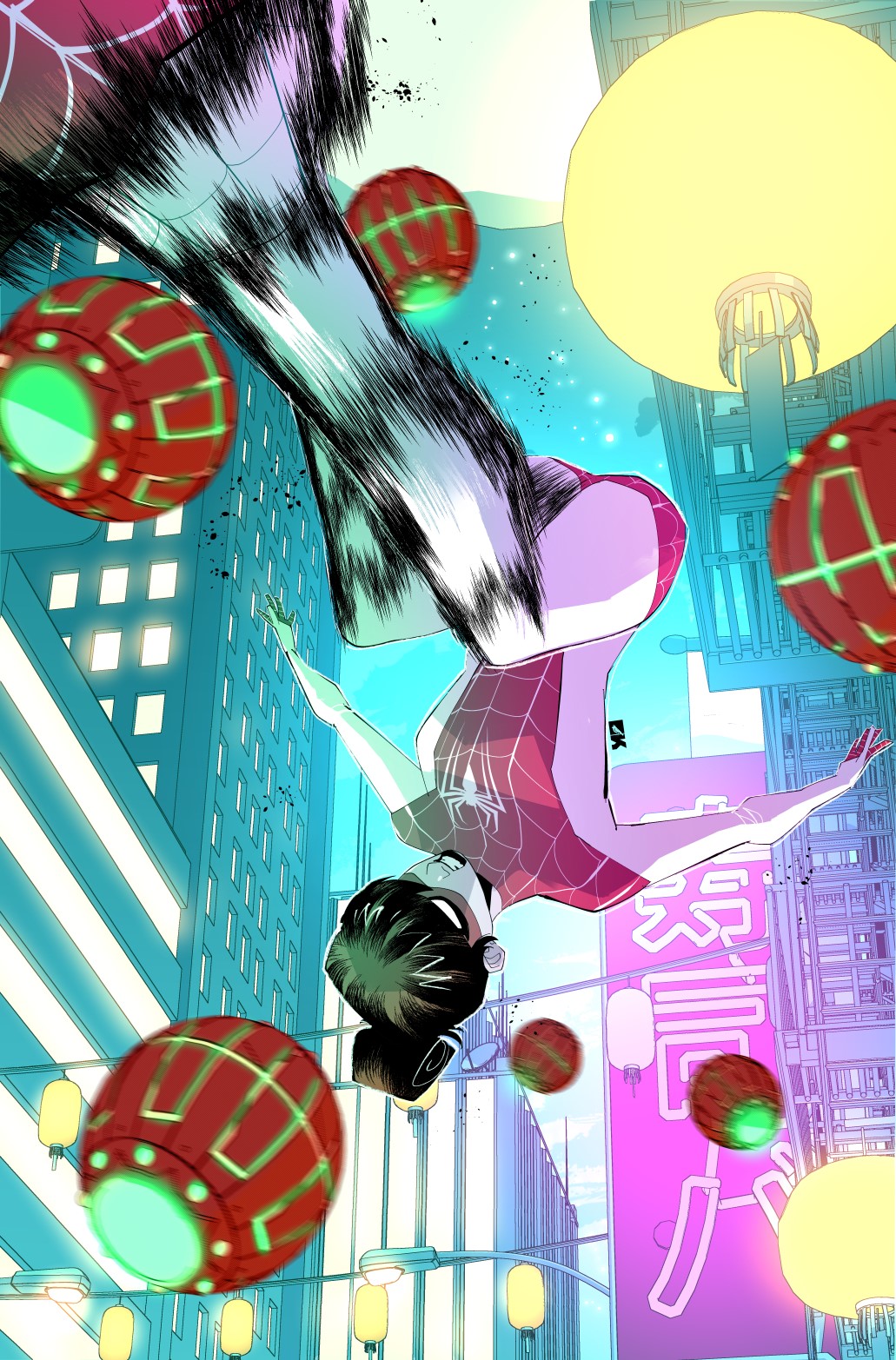 1girl, black_hair, bodysuit, city, george_kambadais, highres, marvel, mary_jane_watson