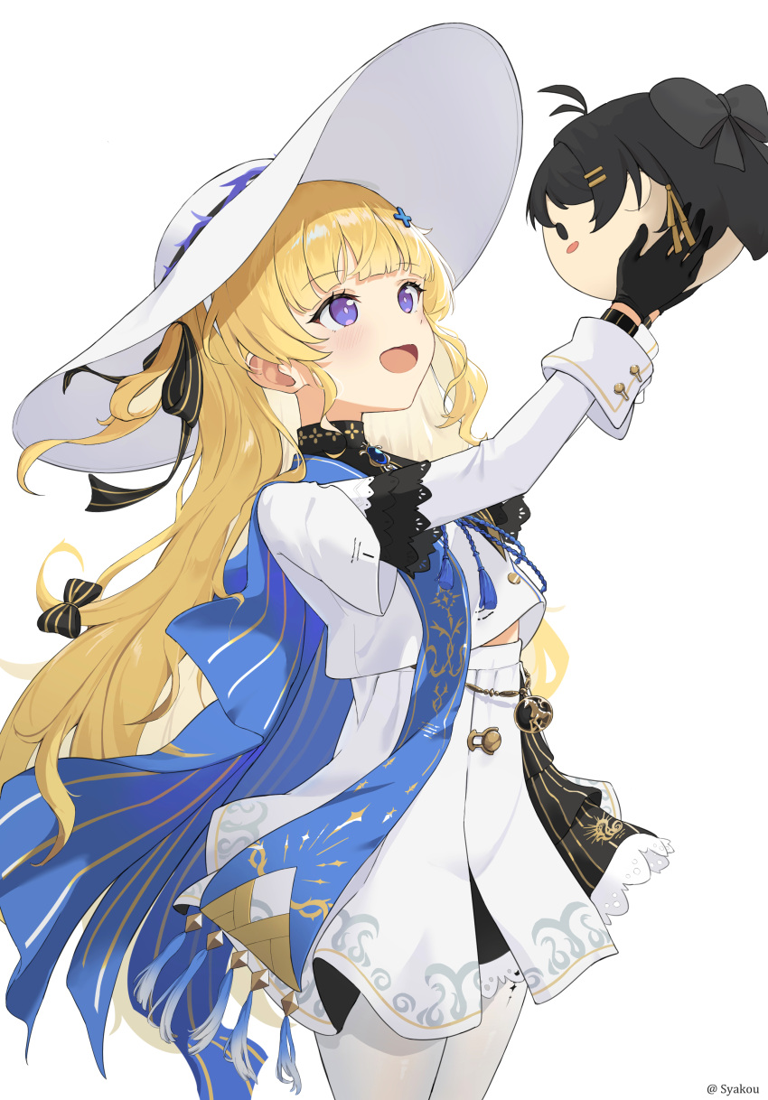 1girl, absurdres, black_bow, black_collar, black_gloves, blonde_hair, blue_gemstone, blue_sash