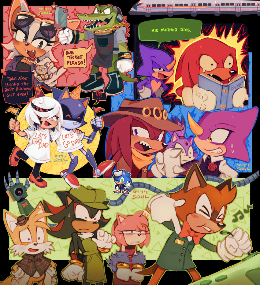 1other, 4girls, 6+boys, 9474s0ul, amy_rose, barry_the_quokka, beatboxing, blaze_the_cat, book, bow, bowtie, chao_(sonic), chibi, cleaver, commentary, cowboy_hat, english_commentary, english_text, espio_the_chameleon, fangs, flag, furry, furry_female, furry_male, hat, highres, knuckles_the_echidna, knuckles_the_echidna_(treasure_hunter), metal_sonic, multiple_boys, multiple_girls, neutral_chao, reading, robot, rouge_the_bat, sage_(sonic), shadow_the_hedgehog, sharp_teeth, sonic_(series), sonic_the_hedgehog, tails_(detective)_(sonic), tails_(sonic), teeth, the_murder_of_sonic_the_hedgehog, train, train_(the_murder_of_sonic_the_hedgehog), vector_the_crocodile
