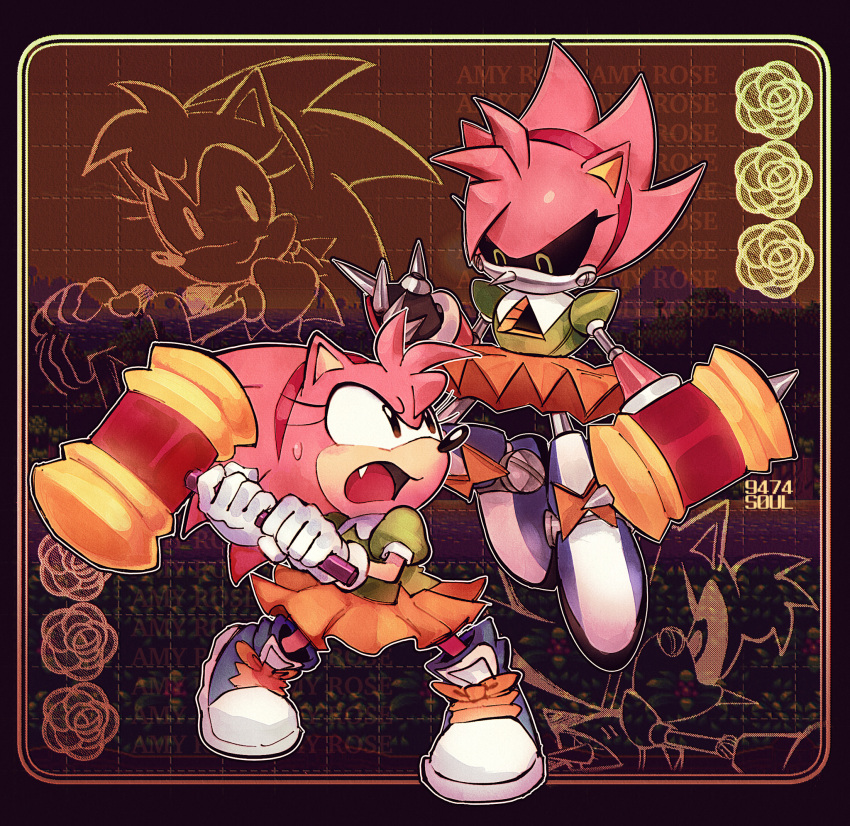 2girls, 9474s0ul, aged_down, amy_rose, commentary, english_commentary, english_text, fang